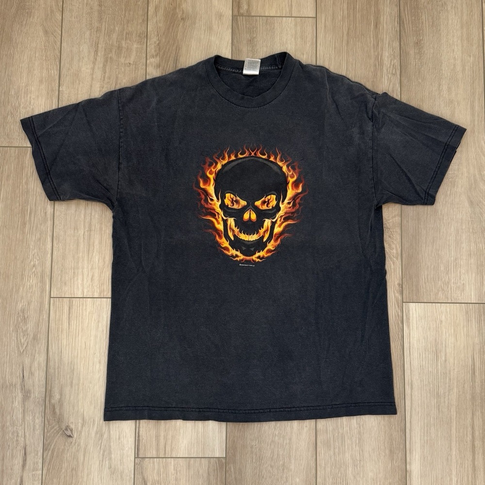 Vintage Y2K Flaming Skull Faded Black T-Shirt Men's XL Biker Grunge Goth VTG Tee